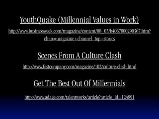 YouthQuake (Millennial Values in Work)
http://www.businessweek.com/magazine/content/08_03/b4067000290367.htm?
                   chan=magazine+channel_top+stories


              Scenes From A Culture Clash
      http://www.fastcompany.com/magazine/102/culture-clash.html


            Get The Best Out Of Millennials
       http://www.adage.com/talentworks/article?article_id=124891
 
