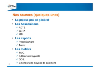 Nos sources (quelques-unes)
36
 La presse pro en général
 Les Associations
 ACTE
 GBTA
 MPI
 Les experts
 PhocusWright
 Tnooz
 Les métiers
 TMC
 Editeurs de logiciels
 GDS
 Emetteurs de moyens de paiement
 