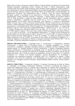 Pública Direta e Indireta, Autarquias, Fundações Públicas, Empresas Públicas, Sociedades de Economia Mista.
Entidades paraestatais. Organizações Sociais. Contratos de Gestão. 4. Poderes Administrativos: poder
vinculado, poder discricionário, poder hierárquico, poder disciplinar, poder regulamentar e poder de polícia. 5.
Atos Administrativos: fatos da Administração Pública, atos da Administração Pública e fatos administrativos.
Conceito, formação, elementos, atributos e classificação. Mérito do ato administrativo. Discricionariedade. Ato
administrativo inexistente. Atos administrativos nulos e anuláveis. Teoria dos motivos determinantes.
Revogação, anulação e convalidação do ato administrativo. 6. Serviços Públicos: conceitos: classificação;
regulamentação; controle; permissão; concessão e autorização. 7. Regime Jurídico dos Servidores Públicos
Civis da União: provimento e vacância de cargos públicos, remoção, redistribuição, direitos e vantagens,
licenças e afastamentos e seguridade social do servidor (Lei n. 8.112, de 11/12/1990, atualizada). 8.
Responsabilidade civil do Estado. Ação de Indenização. Ação Regressiva. 9. Controle da Administração
Pública: Conceito. Tipos e Formas de Controle. Controle Interno e Externo. Controle Prévio, Concomitante e
Posterior. Controle Parlamentar. Controle pelos Tribunais de Contas. Controle Jurisdicional. Meios de Controle
Jurisdicional. 10. Constituição Federal: Título III, Capítulo VII – Da Administração Pública. 11. Código Penal
Brasileiro: Título XI – Dos Crimes contra a Administração Pública – Capítulos I, II e II-A – arts. 312 a 337-D.
12. Regime Disciplinar dos Servidores Públicos Civis da União: Lei nº 8.112/90. 13. Lei nº 8.137, de
27/12/1990: Capítulo I, Seção II – Dos crimes contra a Ordem Tributária praticados por Funcionários Públicos.
14. Lei nº 8.429, de 02/6/1992 – Lei da Improbidade Administrativa. 15. Código de Ética Profissional do
Servidor Público Civil do Poder Executivo Federal – Decreto nº 1.171, de 22/6/1994. 16. Sistema de Gestão da
Ética do Poder Executivo Federal (Decreto nº 6.029, de 1º/2/2007). 17. Conflito de Interesses no Serviço
Público (Resolução nº 08, de 25/9/2003, da Comissão de Ética Pública da Presidência da República). 18. –
Política de Segurança da Informação no âmbito da Secretaria da Receita Federal (Portaria SRF nº 450, de
28/4/2004). 19. Processo Administrativo Federal (Lei nº 9.784, de 29/1/1999).

DIREITO PREVIDENCIÁRIO: 1. Seguridade social. 1.1. Conceituação. 1.2. Organização e princípios
constitucionais. 2. Regime Geral de Previdência Social. 2.1. Segurados obrigatórios. 2.2. Conceito,
características e abrangência: empregado, empregado doméstico, contribuinte individual, trabalhador avulso,
segurado especial. 2.3. Segurado facultativo: conceito, características. 3. Empresa e empregador doméstico:
conceito previdenciário. 4. Financiamento da seguridade social. 4.1. Receitas da União. 4.2. Receitas das
contribuições sociais: dos segurados, das empresas, do empregador doméstico, do produtor rural, do clube de
futebol profissional, sobre a receita de concursos de prognósticos, receitas de outras fontes. 4.3. Salário-de-
contribuição. 4.3.1. Conceito. 4.3.2. Parcelas integrantes e parcelas não-integrantes. 4.4. Arrecadação e
recolhimento das contribuições destinadas à seguridade social. 4.4.1. Obrigações da empresa e demais
contribuintes. 4.4.2. Prazo de recolhimento. 4.4.3. Recolhimento fora do prazo: juros, multa e atualização
monetária. 4.4.4. Obrigações acessórias. Retenção e Responsabilidade solidária: conceitos, natureza jurídica e
características.

DIREITO TRIBUTÁRIO: 1. Competência Tributária. 2. Limitações Constitucionais do Poder de Tributar.
2.1. Imunidades. 2.2. Princípios Constitucionais Tributários. 3. Conceito e Classificação dos Tributos. 4.
Tributos de Competência da União. 4.1. Imposto sobre a Importação. 4.2. Imposto sobre a Exportação. 4.3.
Imposto sobre a Propriedade Territorial Rural. 4.4. Imposto sobre a Renda e Proventos de Qualquer Natureza.
4.5. Imposto sobre Produtos Industrializados. 4.6. Imposto sobre Operações Financeiras. 5. Contribuições
Sociais. 5.1. Contribuição para o Pis/Pasep. 5.2. Contribuição para o Financiamento da Seguridade Social –
Cofins. 5.3. Contribuição Social sobre o Lucro Líquido. 5.4. Contribuições sociais previstas nas alíneas "a", "b"
e "c" do parágrafo único do art.11 da Lei n. 8.212, de 24 de julho de 1991, e as instituídas a título de
substituição. 5.5. Contribuições por lei devidas a terceiros (art.3º, § 1º, da Lei n. 11.457, de 16 de março de
2007). 5.6. Contribuições de Intervenção no Domínio Econômico. 6. Tributos de Competência dos Estados. 7.
Tributos de Competência dos Municípios. 8. Simples. 9. Legislação Tributária. 9.1. Constituição 9.2. Emendas
à Constituição. 9.3. Leis Complementares. 9.4. Leis Ordinárias. 9.5. Leis Delegadas. 9.6. Medidas Provisórias.
9.7. Tratados Internacionais. 9.8. Decretos. 9.9. Resoluções 9.10. Decretos Legislativos 9.11. Convênios 9.12.
Normas Complementares. 10. Vigência da Legislação Tributária. 11. Aplicação da Legislação Tributária. 12.
Interpretação e Integração da Legislação Tributária. 13. Obrigação Tributária Principal e Acessória. 14. Fato
Gerador da Obrigação Tributária. 15. Sujeição Ativa e Passiva. Solidariedade. Capacidade Tributária. 16.
Domicílio Tributário. 17. Responsabilidade Tributária. Conceito. 17.1. Responsabilidade dos Sucessores. 17.2.
Responsabilidade de Terceiros. 17.3. Responsabilidade por Infrações. 18. Crédito Tributário. Conceito. 19.
Constituição do Crédito Tributário. 19.1. Lançamento. Modalidades de Lançamento. 19.2. Hipóteses de
alteração do lançamento. 20. Suspensão da Exigibilidade do Crédito Tributário. Modalidades. 21. Extinção do
Crédito Tributário. Modalidades. 22. Pagamento Indevido. 23. Exclusão do Crédito Tributário. Modalidades.
24. Garantias e Privilégios do Crédito Tributário. 25. Administração Tributária. 25.1. Fiscalização. 25.2. Dívida
Ativa. 25.3. Certidões Negativas.
 