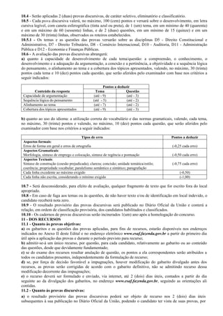 10.4 - Serão aplicadas 2 (duas) provas discursivas, de caráter seletivo, eliminatório e classificatório.
10.5 - Cada prova discursiva valerá, no máximo, 100 (cem) pontos e versará sobre o desenvolvimento, em letra
cursiva legível, com caneta esferográfica (tinta azul ou preta), de 1 (um) tema, em um mínimo de 40 (quarenta)
e em um máximo de 60 (sessenta) linhas, e de 2 (duas) questões, em um mínimo de 15 (quinze) e em um
máximo de 30 (trinta) linhas, observados os roteiros estabelecidos.
10.5.1 - Os temas e as questões das provas versarão sobre as disciplinas D5 - Direito Constitucional e
Administrativo, D7 - Direito Tributário, D8 - Comércio Internacional, D10 - Auditoria, D11 - Administração
Pública e D12 - Economia e Finanças Públicas.
10.6 - A avaliação das provas discursivas abrangerá:
a) quanto à capacidade de desenvolvimento de cada tema/questão: a compreensão, o conhecimento, o
desenvolvimento e a adequação da argumentação, a conexão e a pertinência, a objetividade e a sequência lógica
do pensamento, o alinhamento ao tema e a cobertura dos tópicos apresentados, valendo, no máximo, 30 (trinta)
pontos cada tema e 10 (dez) pontos cada questão, que serão aferidos pelo examinador com base nos critérios a
seguir indicados:

                                                      Pontos a deduzir
        Conteúdo da resposta                    Tema               Questão
 Capacidade de argumentação                    (até - 9)            (até - 3)
 Sequência lógica do pensamento                (até - 5)            (até - 2)
 Alinhamento ao tema                           (até - 7)            (até - 2)
 Cobertura dos tópicos apresentados            (até - 9)            (até - 3)

b) quanto ao uso do idioma: a utilização correta do vocabulário e das normas gramaticais, valendo, cada tema,
no máximo, 30 (trinta) pontos e valendo, no máximo, 10 (dez) pontos cada questão, que serão aferidos pelo
examinador com base nos critérios a seguir indicados:

                                        Tipos de erro                                      Pontos a deduzir
 Aspectos formais:
 Erros de forma em geral e erros de ortografia                                             (-0,25 cada erro)
 Aspectos Gramaticais:
 Morfologia, sintaxe de emprego e colocação, sintaxe de regência e pontuação               (-0,50 cada erro)
 Aspectos Textuais:
 Sintaxe de construção (coesão prejudicada); clareza; concisão; unidade temática/estilo;   (-0,75 cada erro)
 coerência; propriedade vocabular; paralelismo semântico e sintático; paragrafação
 Cada linha excedente ao máximo exigido                                                         (-0,50)
 Cada linha não escrita, considerando o mínimo exigido                                          (-1,00)

10.7 - Será desconsiderado, para efeito de avaliação, qualquer fragmento de texto que for escrito fora do local
apropriado.
10.8 - Em caso de fuga aos temas ou às questões, de não haver texto e/ou de identificação em local indevido, o
candidato receberá nota zero.
10.9 - O resultado provisório das provas discursivas será publicado no Diário Oficial da União e conterá a
relação, em ordem de classificação provisória, dos candidatos habilitados e classificados.
10.10 - Os cadernos de provas discursivas serão incinerados 1(um) ano após a homologação do concurso.
11 - DOS RECURSOS
11.1 - Quanto às provas objetivas:
a) os gabaritos e as questões das provas aplicadas, para fins de recursos, estarão disponíveis nos endereços
indicados no Anexo II deste Edital e no endereço eletrônico www.esaf.fazenda.gov.br a partir do primeiro dia
útil após a aplicação das provas e durante o período previsto para recurso;
b) admitir-se-á um único recurso, por questão, para cada candidato, relativamente ao gabarito ou ao conteúdo
das questões, desde que devidamente fundamentado;
c) se do exame dos recursos resultar anulação de questão, os pontos a ela correspondentes serão atribuídos a
todos os candidatos presentes, independentemente da formulação de recurso;
d) se, por força de decisão favorável a impugnações, houver modificação do gabarito divulgado antes dos
recursos, as provas serão corrigidas de acordo com o gabarito definitivo, não se admitindo recurso dessa
modificação decorrente das impugnações;
e) o recurso deverá ser formulado e enviado, via internet, até 2 (dois) dias úteis, contados a partir do dia
seguinte ao da divulgação dos gabaritos, no endereço www.esaf.fazenda.gov.br, seguindo as orientações ali
contidas.
11.2 - Quanto às provas discursivas:
a) o resultado provisório das provas discursivas poderá ser objeto de recurso nos 2 (dois) dias úteis
subsequentes à sua publicação no Diário Oficial da União, podendo o candidato ter vista de suas provas, por
 