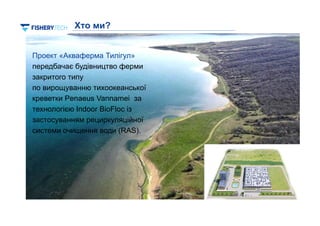 4
Проект «Акваферма Тилігул»
передбачає будівництво ферми
закритого типу
по вирощуванню тихоокеанської
креветки Penaeus Vannamei за
технологією Indoor BioFloc із
застосуванням рециркуляційної
системи очищення води (RAS).
Хто ми?
 