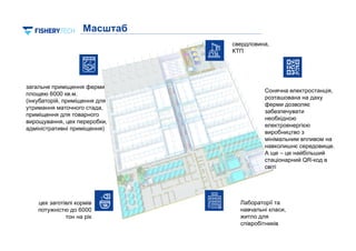 7
7
Сонячна електростанція,
розташована на даху
ферми дозволяє
забезпечувати
необхідною
електроенергією
виробництво з
мінімальним впливом на
навколишнє середовище.
А ще – це найбільший
стаціонарний QR-код в
світі
загальне приміщення ферми
площею 6000 кв.м.
(інкубаторій, приміщення для
утримання маточного стада,
приміщення для товарного
вирощування, цех переробки,
адміністративні приміщення)
цех заготівлі кормів
потужністю до 6000
тон на рік
свердловина,
КТП
Лабораторії та
навчальні класи,
житло для
співробітників
Масштаб
 