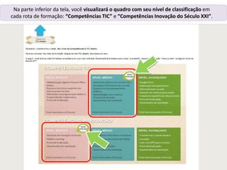 Na parte inferior da tela, você visualizará o quadro com seu nível de classificação em
cada rota de formação: “Competências TIC” e “Competências Inovação do Século XXI”.
 