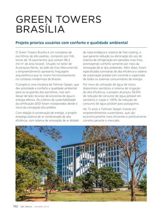 GBC BRASIL - ANUÁRIO 2019102
O Green Towers Brasília é um complexo de
escritórios de alto padrão, composto por três
torres de 16 pavimentos que somam 86,5
mil m2
de área locável. Situado no Setor de
Autarquias Norte, ao lado do Eixo Monumental,
o empreendimento apresenta linguagem
arquitetônica que se insere harmoniosamente
no contexto modernista de Brasília.
O projeto é uma iniciativa da Tishman Speyer, que
deu prioridade a conforto e qualidade ambiental
para os ocupantes dos escritórios, mas sem
deixar de lado recursos de economia de água e
energia elétrica. Os critérios de sustentabilidade
da certificação LEED foram incorporados desde o
início da concepção dos prédios.
Com relação à conservação de energia, o projeto
emprega sistema de ar condicionado de alta
eficiência, com sistema de renovação de ar dotado
GREEN TOWERS
BRASÍLIA
Projeto prioriza usuários com conforto e qualidade ambiental
de roda entálpica e sistema de free cooling, o
que garante redução ou eliminação do uso do
sistema de refrigeração em períodos mais frios,
promovendo conforto somente por meio da
renovação do ar dos ambientes. Além disso, foram
especificados luminárias de alta eficiência e sistema
de automação predial com controle e supervisão
de todos os sistemas consumidores de energia.
Por meio da utilização de água de reúso,
dispositivos sanitários e sistema de irrigação
de alta eficiência, o projeto alcançou 59,9%
de redução de consumo de água potável em
sanitários e copas e 100% de redução de
consumo de água potável para paisagismo.
Há 15 anos a Tishman Speyer investe em
empreendimentos sustentáveis, que são
economicamente mais eficientes e politicamente
corretos perante o mercado.
 