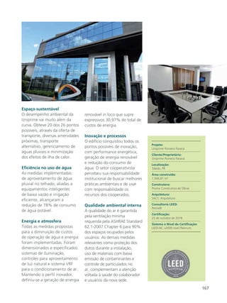 167
Espaço sustentável
O desempenho ambiental da
Uniprime vai muito além da
curva. Obteve 20 dos 26 pontos
possíveis, através da oferta de
transporte, diversas amenidades
próximas, transporte
alternativo, gerenciamento de
águas pluviais e minimização
dos efeitos de ilha de calor.
Eficiência no uso de água
As medidas implementadas
de aproveitamento de água
pluvial no telhado, aliadas a
equipamentos inteligentes
de baixa vazão e irrigação
eficiente, alcançaram a
redução de 78% de consumo
de água potável.
Energia e atmosfera
Todas as medidas propostas
para a diminuição de custos
de operação de água e energia
foram implementadas. Foram
dimensionados e especificados
sistemas de iluminação,
controles para aproveitamento
de luz natural e sistema VRF
para o condicionamento de ar.
Mantendo o perfil inovador,
definiu-se a geração de energia
renovável in loco que supre
expressivos 30,97% do total de
custos de energia.
Inovação e processos
O edifício conquistou todos os
pontos possíveis de inovação,
com performance energética,
geração de energia renovável
e redução do consumo de
água. O setor cooperativista
percebeu sua responsabilidade
institucional de buscar melhores
práticas ambientais e de usar
com responsabilidade os
recursos dos cooperados.
Qualidade ambiental interna
A qualidade do ar é garantida
pela ventilação mínima
requerida pela ASHRAE Standard
62.1-2007 Chapter 6 para 90%
dos espaços ocupados pelos
usuários. As demais medidas
relevantes como proteção dos
dutos durante a instalação,
uso de materiais com baixa
emissão de contaminantes e
controle de particulados no
ar, complementam a atenção
voltada à saúde do colaborador
e usuários da nova sede.
Projeto:
Uniprime Pioneira Paraná
Cliente/Proprietário:
Uniprime Pioneira Paraná
Localização:
Toledo, PR
Área construída:
1.566,81 m²
Construtora:
Prisma Construtora de Obras
Arquitetura:
SACC Arquitetura
Consultoria LEED:
Petinelli
Certificação:
25 de outubro de 2018
Sistema e Nível da Certificação:
LEED-NC v2009 nível Platinum
 