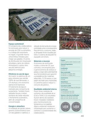 203
Espaço sustentável
O transporte dos colaboradores
foi otimizado para reduzir a
emissão de CO2 na atmosfera
e o tráfego de automóveis
na região. A grande maioria
utiliza ônibus fretados para
chegar aos galpões. O centro
de distribuição tem localização
estratégica, perto da rodovia
Anhanguera, e possui dois
veículos elétricos para
pequenas entregas.
Eficiência no uso de água
Ao investir na abertura de um
poço artesiano que atende
100% de suas demandas, o
CD alcançou uma economia
operacional expressiva.
O tratamento da água é
realizado pela companhia de
saneamento. Também foram
adotados louças e metais
sanitários de vazão reduzida
e fechamento automático,
além de campanhas de
conscientização
Energia e atmosfera
A instalação de painéis solares
garantiu autossuficiência para
um dos galpões e viabilizou a
redução da demanda de energia
contratada junto à concessionária.
Para diminuir o consumo, todas
as lâmpadas foram trocadas por
LEDs e o sistema de exaustão foi
equipado com timers.
Materiais e recursos
O processo de certificação
mudou a rotina do CD, que
contratou uma empresa para
o gerenciamento de resíduos e
passou a exigir selo sustentável de
seus fornecedores para garantir
a procedência dos materiais
adquiridos. O CD passou a usar
papel reciclado para impressões
e o próximo passo é reduzir o
consumo de plástico.
Qualidade ambiental interna
Foram feitas medições de
conforto e de qualidade do ar
(CO2 e TVOC) e os resultados
ficaram dentro do aceitável.
Foram instalados medidores
para monitoramento da
temperatura nos galpões.
Alguns ambientes receberam
climatização para aumentar o
conforto e a produtividade dos
colaboradores.
Projeto:
Centro Logístico Multi Clientes (CLM)
Cliente/Proprietário:
DHL/GLP
Localização:
Louveira, SP
Área construída:
25.000,00 m² (Galpão P05)
25.000,00 m² (Galpão P07)
Construtora:
Somage
Arquitetura:
Alcindo Dellagnese
Consultoria LEED:
CTE- Centro de Tecnologia de Edificações
Certificação:
17 de dezembro de 2018
17 de dezembro de 2018
Sistema e Nível da Certificação:
LEED v4 O+M: EB WP nível Gold
LEED v4 O+M: EB WP nível Gold
 