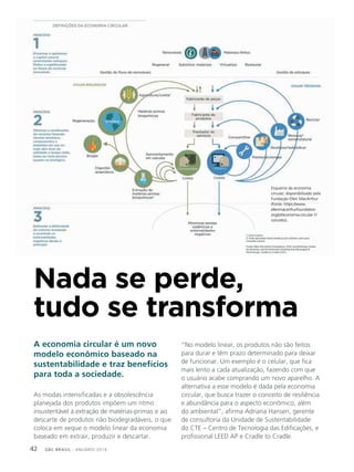 GBC BRASIL - ANUÁRIO 201942
Nada se perde,
tudo se transforma
A economia circular é um novo
modelo econômico baseado na
sustentabilidade e traz benefícios
para toda a sociedade.
As modas intensificadas e a obsolescência
planejada dos produtos impõem um ritmo
insustentável à extração de matérias-primas e ao
descarte de produtos não biodegradáveis, o que
coloca em xeque o modelo linear da economia
baseado em extrair, produzir e descartar.
“No modelo linear, os produtos não são feitos
para durar e têm prazo determinado para deixar
de funcionar. Um exemplo é o celular, que fica
mais lento a cada atualização, fazendo com que
o usuário acabe comprando um novo aparelho. A
alternativa a esse modelo é dada pela economia
circular, que busca trazer o conceito de resiliência
e abundância para o aspecto econômico, além
do ambiental”, afirma Adriana Hansen, gerente
de consultoria da Unidade de Sustentabilidade
do CTE – Centro de Tecnologia das Edificações, e
profissional LEED AP e Cradle to Cradle.
Esquema da economia
circular, disponibilizado pela
Fundação Ellen MacArthur
(Fonte: https://www.
ellenmacarthurfoundation.
org/pt/economia-circular-1/
conceito).
 