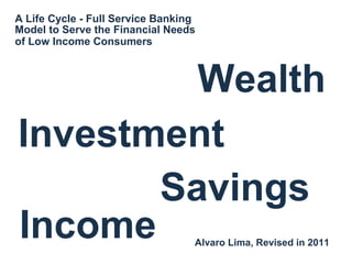 A Life Cycle - Full Service Banking
Model to Serve the Financial Needs
of Low Income Consumers



         Wealth
Investment
       Savings
Income                            Alvaro Lima, Revised in 2011
 