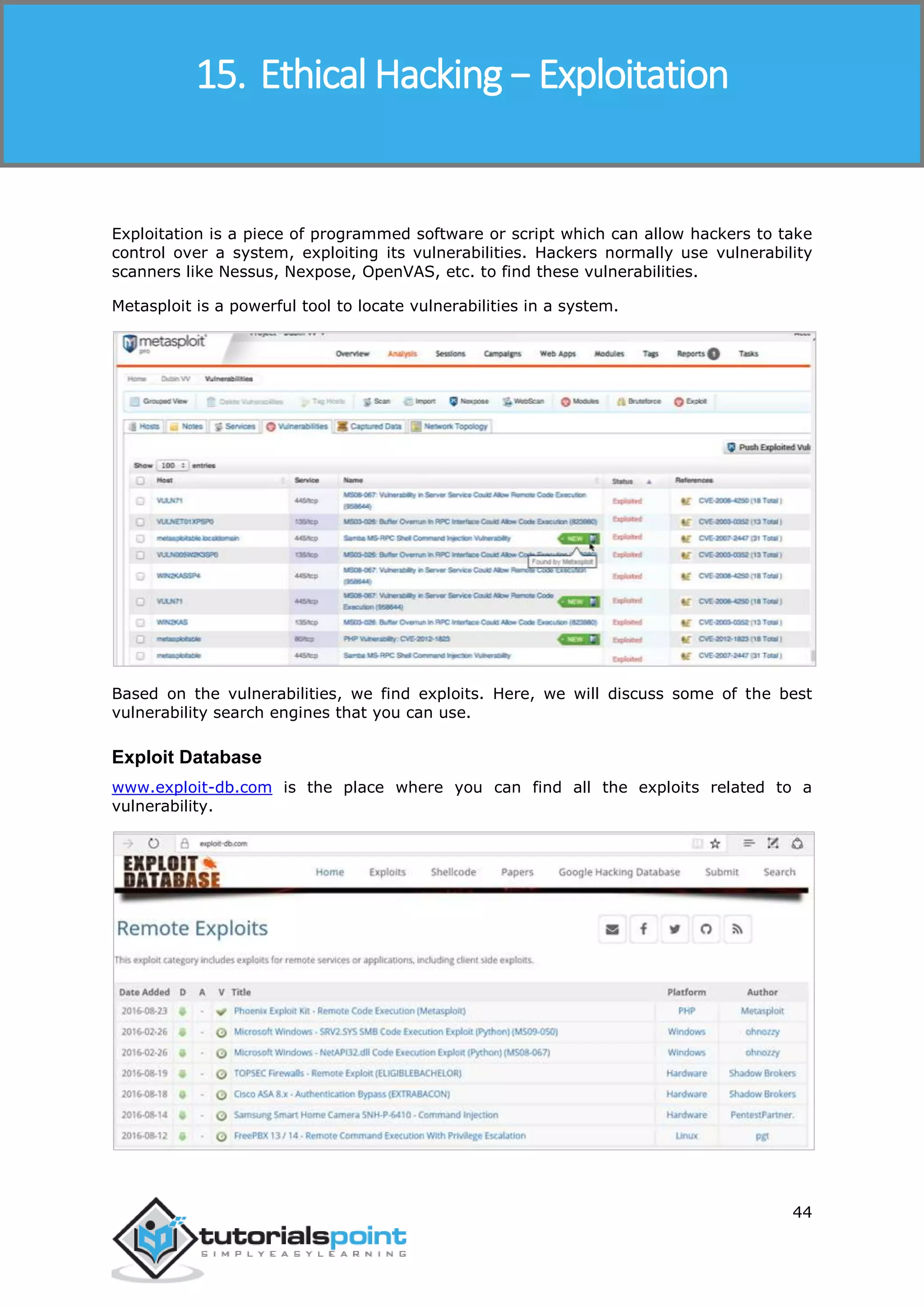 Ethical Hacking
44
Exploitation is a piece of programmed software or script which can allow hackers to take
control over a system, exploiting its vulnerabilities. Hackers normally use vulnerability
scanners like Nessus, Nexpose, OpenVAS, etc. to find these vulnerabilities.
Metasploit is a powerful tool to locate vulnerabilities in a system.
Based on the vulnerabilities, we find exploits. Here, we will discuss some of the best
vulnerability search engines that you can use.
Exploit Database
www.exploit-db.com is the place where you can find all the exploits related to a
vulnerability.
15. Ethical Hacking − Exploitation
 