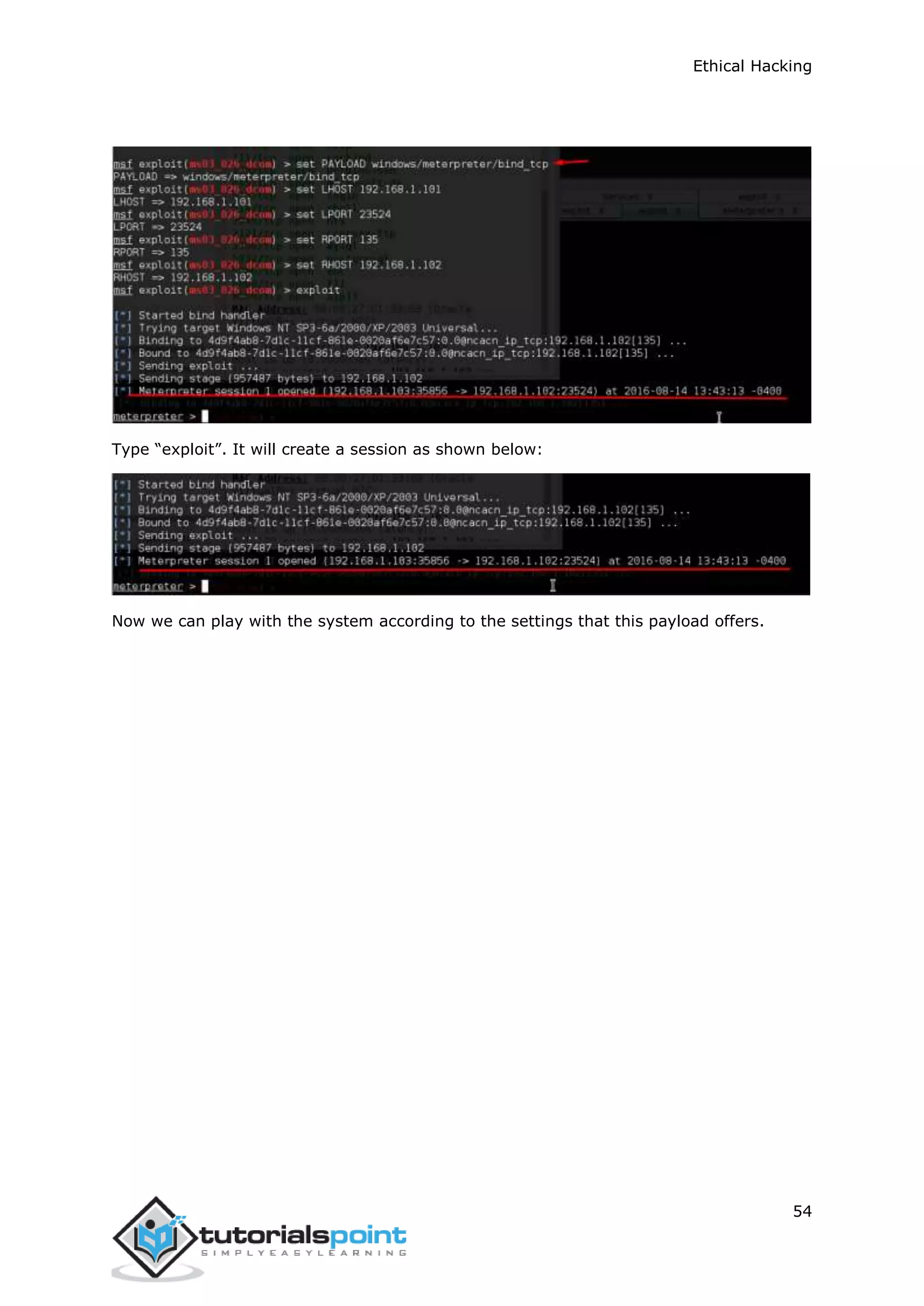 Ethical Hacking
54
Type “exploit”. It will create a session as shown below:
Now we can play with the system according to the settings that this payload offers.
 