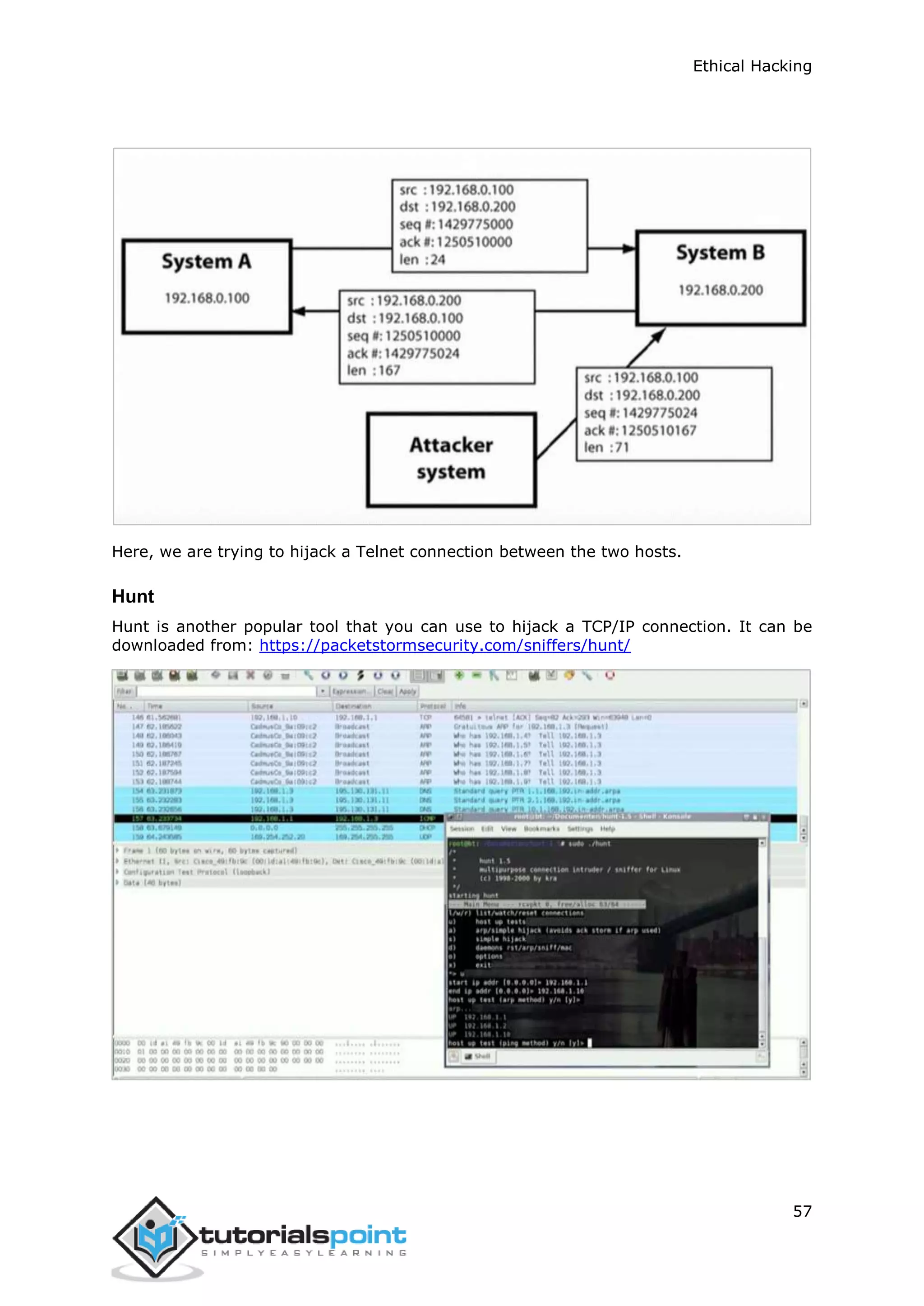 Ethical Hacking
57
Here, we are trying to hijack a Telnet connection between the two hosts.
Hunt
Hunt is another popular tool that you can use to hijack a TCP/IP connection. It can be
downloaded from: https://packetstormsecurity.com/sniffers/hunt/
 