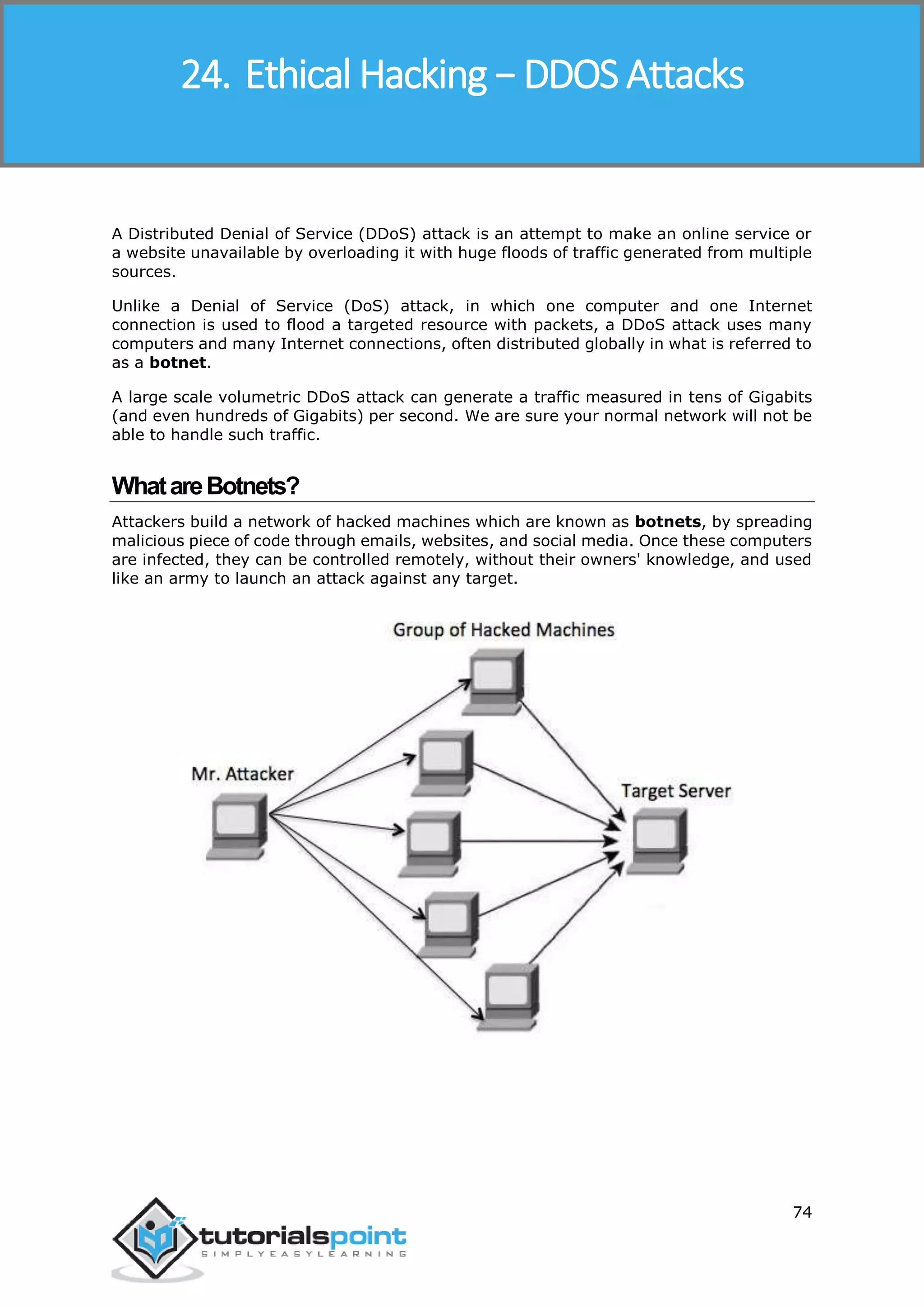 Ethical Hacking
74
A Distributed Denial of Service (DDoS) attack is an attempt to make an online service or
a website unavailable by overloading it with huge floods of traffic generated from multiple
sources.
Unlike a Denial of Service (DoS) attack, in which one computer and one Internet
connection is used to flood a targeted resource with packets, a DDoS attack uses many
computers and many Internet connections, often distributed globally in what is referred to
as a botnet.
A large scale volumetric DDoS attack can generate a traffic measured in tens of Gigabits
(and even hundreds of Gigabits) per second. We are sure your normal network will not be
able to handle such traffic.
WhatareBotnets?
Attackers build a network of hacked machines which are known as botnets, by spreading
malicious piece of code through emails, websites, and social media. Once these computers
are infected, they can be controlled remotely, without their owners' knowledge, and used
like an army to launch an attack against any target.
24. Ethical Hacking − DDOS Attacks
 