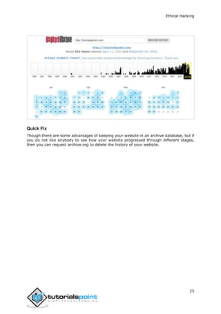 Ethical Hacking
25
Quick Fix
Though there are some advantages of keeping your website in an archive database, but if
you do not like anybody to see how your website progressed through different stages,
then you can request archive.org to delete the history of your website.
 
