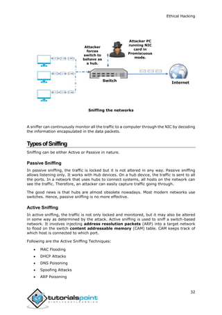 Ethical Hacking
32
Sniffing the networks
A sniffer can continuously monitor all the traffic to a computer through the NIC by decoding
the information encapsulated in the data packets.
TypesofSniffing
Sniffing can be either Active or Passive in nature.
Passive Sniffing
In passive sniffing, the traffic is locked but it is not altered in any way. Passive sniffing
allows listening only. It works with Hub devices. On a hub device, the traffic is sent to all
the ports. In a network that uses hubs to connect systems, all hosts on the network can
see the traffic. Therefore, an attacker can easily capture traffic going through.
The good news is that hubs are almost obsolete nowadays. Most modern networks use
switches. Hence, passive sniffing is no more effective.
Active Sniffing
In active sniffing, the traffic is not only locked and monitored, but it may also be altered
in some way as determined by the attack. Active sniffing is used to sniff a switch-based
network. It involves injecting address resolution packets (ARP) into a target network
to flood on the switch content addressable memory (CAM) table. CAM keeps track of
which host is connected to which port.
Following are the Active Sniffing Techniques:
 MAC Flooding
 DHCP Attacks
 DNS Poisoning
 Spoofing Attacks
 ARP Poisoning
Attacker PC
running NIC
card in
Promiscuous
mode.
Attacker
forces
switch to
behave as
a hub.
Switch
Internet
 