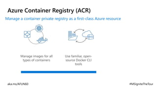 Azure Container Registry (ACR)
Use familiar, open-
source Docker CLI
tools
Manage images for all
types of containers
Manage a container private registry as a first-class Azure resource
 