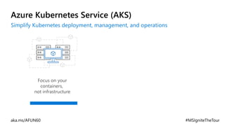 Azure Kubernetes Service (AKS)
Simplify Kubernetes deployment, management, and operations
Focus on your
containers,
not infrastructure
 