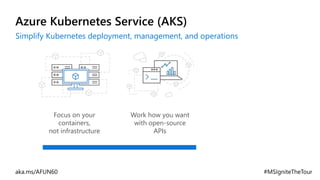 Azure Kubernetes Service (AKS)
Simplify Kubernetes deployment, management, and operations
Work how you want
with open-source
APIs
Focus on your
containers,
not infrastructure
 