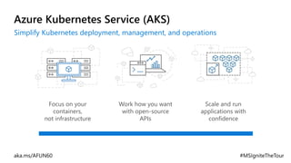 Azure Kubernetes Service (AKS)
Work how you want
with open-source
APIs
Scale and run
applications with
confidence
Focus on your
containers,
not infrastructure
Simplify Kubernetes deployment, management, and operations
 
