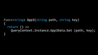 Func<string> Gpp3(string path, string key)
{
return () =>
QueryContext.Instance.Gpp3Data.Get (path, key);
}
 