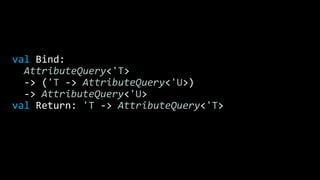 val Bind:
AttributeQuery<'T>
-> ('T -> AttributeQuery<'U>)
-> AttributeQuery<'U>
val Return: 'T -> AttributeQuery<'T>
 
