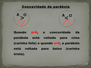 Concavidade da parábola




Quando        a>0,    a      concavidade    da
parábola       está    voltada    para     cima
(carinha feliz) e quando a<0, a parábola
está       voltada    para    baixo   (carinha
triste).


                                                  15
 