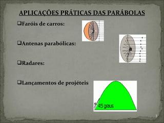 APLICAÇÕES PRÁTICAS DAS PARÁBOLAS
Faróis de carros:


Antenas parabólicas:


Radares:


Lançamentos de projéteis




                                    3
 