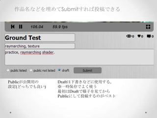 作品名などを埋めてSubmitすれば投稿できる
Publicが公開用の	
設定(どっちでも良い)
Draftは下書きなどに使用する。	
※一時保存でよく使う	
最初はDraftで様子を見てから	
Publicにして投稿するのがベスト	
 