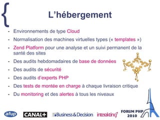 { L’hébergement
- Environnements de type Cloud
- Normalisation des machines virtuelles types (« templates »)
- Zend Platform pour une analyse et un suivi permanent de la
santé des sites
- Des audits hebdomadaires de base de données
- Des audits de sécurité
- Des audits d’experts PHP
- Des tests de montée en charge à chaque livraison critique
- Du monitoring et des alertes à tous les niveaux
 