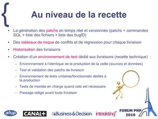 { Au niveau de la recette
• La génération des patchs en temps réel et versionnés (patchs + commandes
SQL + liste des fichiers + liste des bugID)
• Des tableaux de risque de conflits et de régression pour chaque livraison
• Historisation des livraisons
• Création d’un environnement de test dédié aux livraisons (recette technique) :
– Environnement à l’identique de la production de la veille (sources et données)
– Test et validation des patchs de livraison
– Environnement de tests unitaires/fonctionnels dédiés à
la production
– Tests de montée en charge quand cela est nécessaire
– Passage obligé avant toute livraison
 