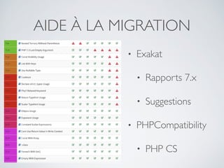 AIDE À LA MIGRATION
• Exakat
• Rapports 7.x
• Suggestions
• PHPCompatibility
• PHP CS
 