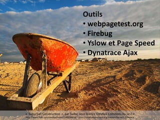 « Suburban Construction », par Tudor, sous licence Creative Commons by-sa 2.0
http://www.flickr.com/photos/tudor/1188254856/ - http://creativecommons.org/licenses/by-sa/2.0/deed.fr
Outils
• webpagetest.org
• Firebug
• Yslow et Page Speed
• Dynatrace Ajax
 