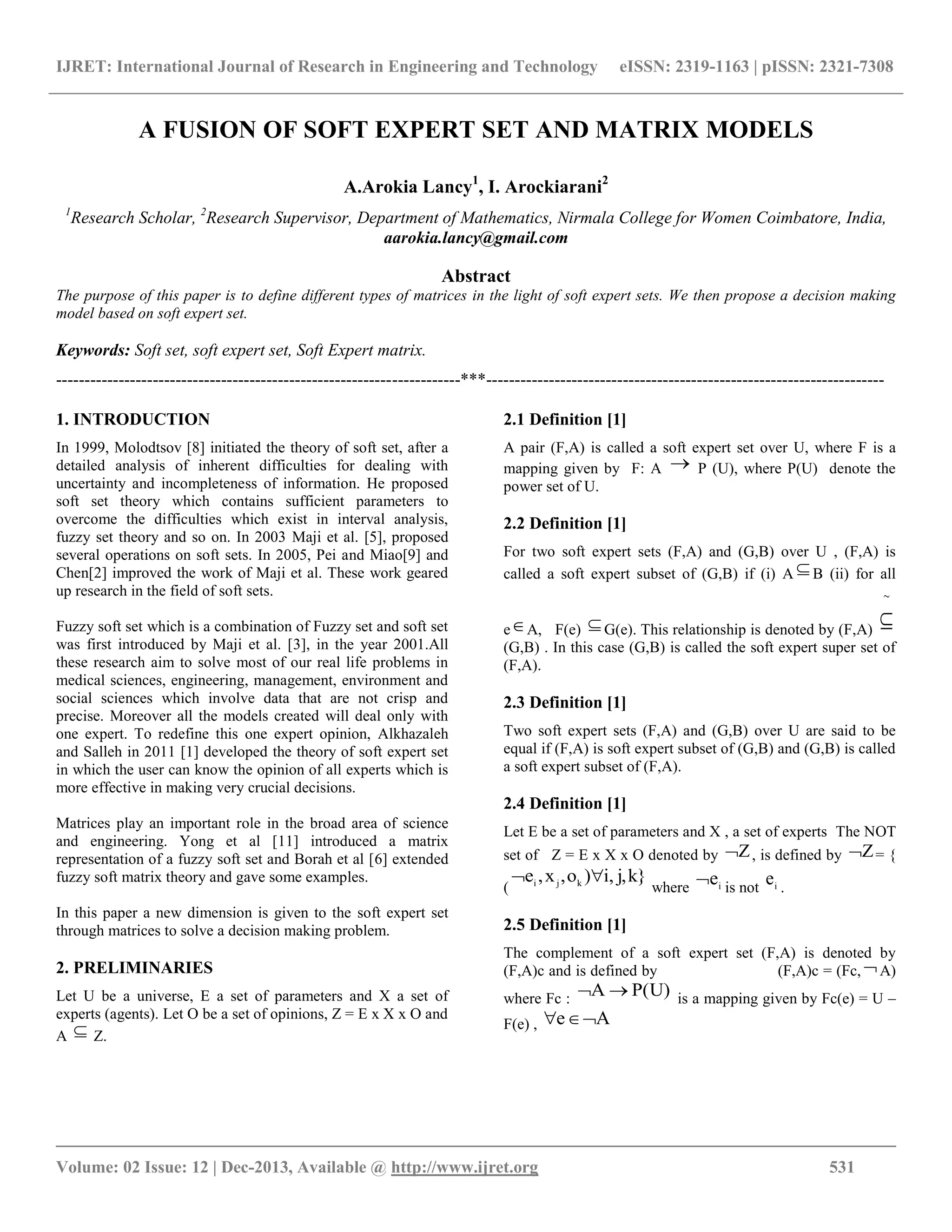 A fusion of soft expert set and matrix models | PDF
