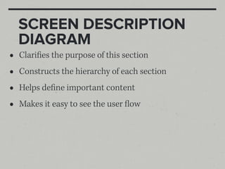 SCREEN DESCRIPTION
    DIAGRAM
•   Clarifies the purpose of this section
•   Constructs the hierarchy of each section
•   Helps define important content
•   Makes it easy to see the user flow
 