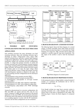 IJRET: International Journal of Research in Engineering and Technology eISSN: 2319-1163 | pISSN: 2321-7308 
_______________________________________________________________________________________ 
Volume: 03 Special Issue: 12 | ICAESA - 2014 | Jun-2014, Available @ http://www.ijret.org 7 
Fig 2 Energy exchange using dc-dc converter 
3. POSSIBLE SOFT SWITCHING 
CONFIGARATIONS FOR THE ELECTROLYZER 
APPLICATION 
Soft switching converters has many advantages over hard 
switching converters .these soft switching converters had a 
advantage of reduce voltage/current stress, reduce EMI, 
reduced switching losses, and allow a greater high frequency 
in high power applications. There are three major types of HF 
transformer isolated soft switching converter configurations 
possible: 1) voltage fed resonant converters 2) current fed 
resonant converters and 3) fixed-frequency resonant transition 
zero-voltage switching (ZVS) pulse width modulation (PWM) 
bridge converters .but current fed resonant converters require 
HF switches rated at 5–6 times the input voltage which 
reduces the efficiency. Hence Voltage fed resonant converter 
with fixed-frequency operation is adopted in this paper. the 
six soft-switching converter configurations for the electrolyzer 
application: 
1) Fixed-frequency series resonant converter (SRC). 
2) Fixed-frequency parallel resonant converter (PRC.) 
3) Fixed-frequency series-parallel or LCC-type resonant 
converter (SPRC). 
4) Fixed-frequency LCL SRC with a capacitive output filter. 
5) Fixed-frequency LCL SRC with an inductive output filter. 
6) Fixed-frequency phase-shifted ZVS PWM full-bridge 
converter. 
Among the aforementioned six converter configurations, the 
SRC and SPRC can operate with the ZVS, only for very 
narrow variations in supply and load variations in the present 
application. In the case of PRC, the inverter peak current does 
not decrease much with reduction in the load current and there 
is no coupling capacitor in series with the HF transformer. 
Therefore, the first three configurations are not considered. 
Table: 1 Comparison of Converters 
Problems LCL SRC 
with cap 
filter 
LCL SRC 
with 
inductive 
filter 
Phase 
shifted 
PWM 
converter 
ZVS range 100%load 
to 10%load 
minimum 
input 
voltage 
100%load 
to 10%load 
minimum 
input 
voltage 
100%load 
to 10%load 
minimum 
input 
voltage 
Duty cycle 
loss 
Not present Present Present 
Rectifier 
ringing 
Not present Present, 
requires 
snubber 
Present, 
requires 
snubber 
4. BLOCK DIAGRAM OF A EXISTED SYSTEMS 
The following figure3 shows the block diagram of a existed 
system. it consists renewable source input which was given 
to ZVT boost converter from there it is converted into a high 
frequency AC using LCL- SRC converter and its output was 
coupled to a rectifier using HF step down transformer. The 
DC output of the rectifier is used to feed the electrolyzer 
plant 
Fig 3 Block diagram of a existed system 
5. BLOCK DIAGRAM OF PROPOSED SYSTEM 
In this proposed system a voltage doubler is placed instead of 
rectifier, as it performs the rectification and as well as 
doubles the output voltage . 
Vo = 2* Vout 
Even though existing two stage boost converter system is 
operating accurately ,for a wide changing load and input 
sources time to time there is fluctuations in the output .The 
following figure 4 shows the block diagram of a proposed 
system. 
 