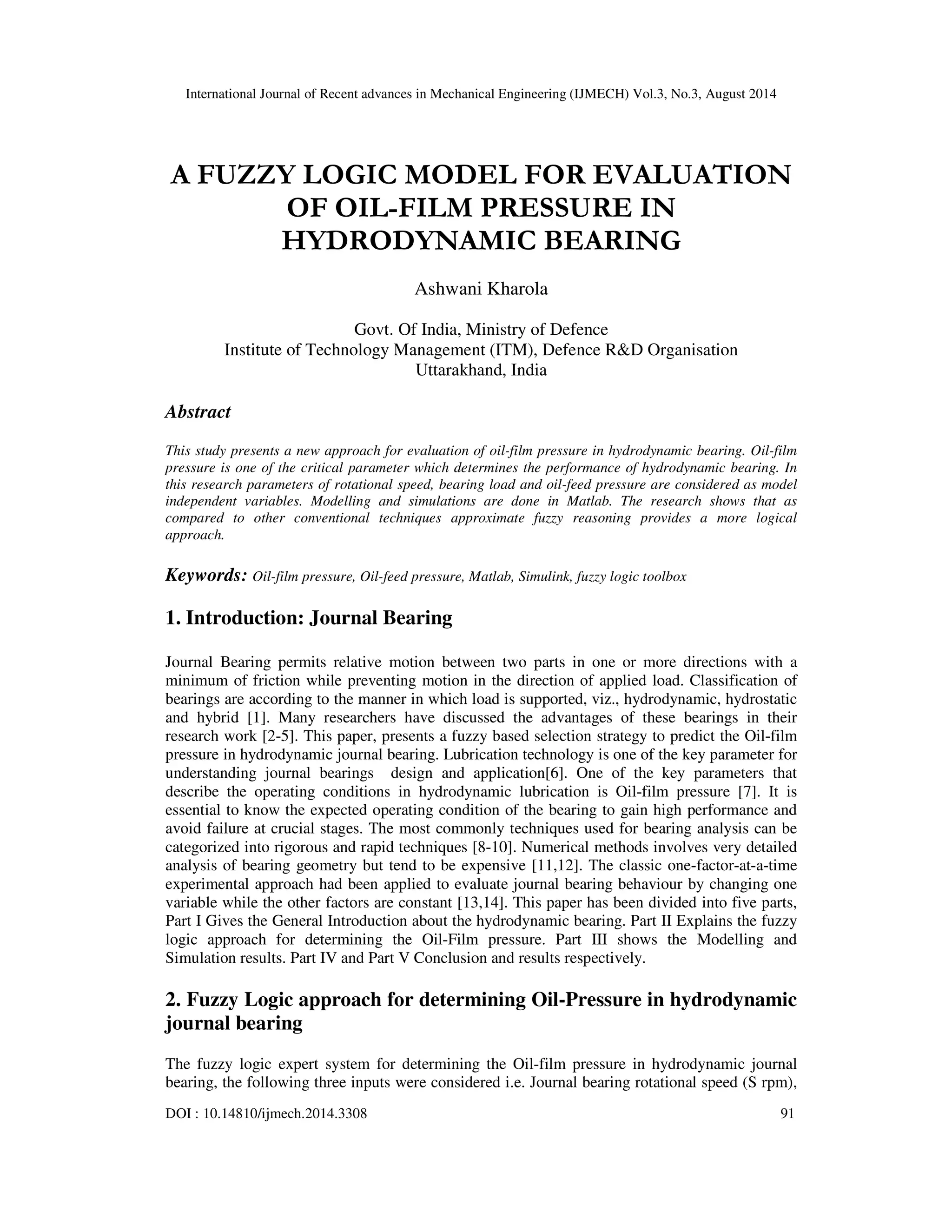 A fuzzy logic model for evaluation of oil film pressure in hydrodynamic