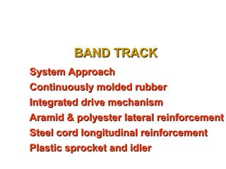 BAND TRACK
System Approach
Continuously molded rubber
Integrated drive mechanism
Aramid & polyester lateral reinforcement
Steel cord longitudinal reinforcement
Plastic sprocket and idler
 