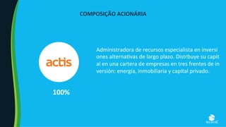 COMPOSIÇÃO	ACIONÁRIA	
100%	
Administradora	de	recursos	especialista	en	inversi
ones	alterna8vas	de	largo	plazo.	Distrbuye	su	capit
al	en	una	cartera	de	empresas	en	tres	frentes	de	in
versión:	energía,	inmobiliaria	y	capital	privado.	
 
