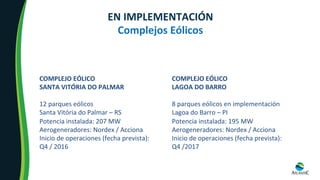 EN	IMPLEMENTACIÓN		
Complejos	Eólicos	
COMPLEJO	EÓLICO		
SANTA	VITÓRIA	DO	PALMAR	
	
12	parques	eólicos		
Santa	Vitória	do	Palmar	–	RS	
Potencia	instalada:	207	MW	
Aerogeneradores:	Nordex	/	Acciona	
Inicio	de	operaciones	(fecha	prevista):		
Q4	/	2016	
COMPLEJO	EÓLICO		
LAGOA	DO	BARRO	
	
8	parques	eólicos	en	implementación	
Lagoa	do	Barro	–	PI	
Potencia	instalada:	195	MW	
Aerogeneradores:	Nordex	/	Acciona	
Inicio	de	operaciones	(fecha	prevista):	
Q4	/2017	
 