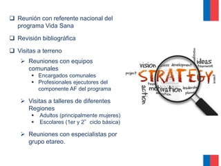  Reunión con referente nacional del
programa Vida Sana
 Revisión bibliográfica
 Visitas a terreno
 Reuniones con equipos
comunales
 Encargados comunales
 Profesionales ejecutores del
componente AF del programa
 Visitas a talleres de diferentes
Regiones
 Adultos (principalmente mujeres)
 Escolares (1er y 2°ciclo básica)
 Reuniones con especialistas por
grupo etareo.
 
