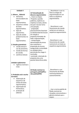 Unidade V
1. Gênero _ Editorial
• elementos
estruturadores do
texto
argumentativo;
• esquema e síntese
de texto
argumentativo;
• tipos de
argumentos;
• tipos de coesão
predominantes no
texto
argumentativo.
2. Estudos gramaticais:
• coesão textual e
uso de pronomes;
• revisão de formas
de coesão;
• coerência textual.
Unidade suplementar
• regência nominal e
crase.
3. Produção oral e escrita
de textos:
• elaboração de
esquema e de
síntese de texto
argumentativo;
• organização de
hemeroteca;
• produção de
editorial.
12.Textualização do
discurso argumentativo
_ Fases ou etapas:
-Proposta: questão
polêmica, explícita ou
implícita no texto, diante
da qual o locutor toma
uma posição;
- proposição:
posicionamento favorável
ou desfavorável do locutor
em relação à
proposta,orientador de
toda a argumentação;
- comprovação:
apresentação de provas
que sustentam a
proposição do locutor,
assegurando a veracidade
ou validade dela e
permitindo-lhe chegar à
conclusão;
-conclusão: retomada da
proposta e/ou uma
possível decorrência dela.
23.Flexão nominal no
português padrão(PP) e
não padrão(PNP)
_ Reconhecer e usar as
fases ou etapas da
argumentação em um
texto ou sequência
argumentativa.
_ Reconhecer e usar
mecanismos de coesão
verbal em um texto ou
sequência argumentativa.
_Reconhecer e usar
mecanismos de coesão
nominal em um texto ou
sequência argumentativa.
_Reconhecer e usar
mecanismos de flexão
nominal,produtiva e
autonomamente.
_ Usar a norma padrão de
flexão nominal em
situações comunicativas e
gêneros textuais que a
exijam.
 