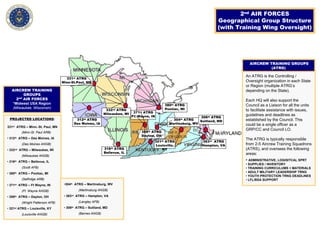 2nd AIR FORCES
Geographical Group Structure
(with Training Wing Oversight)
321th ATRG
Louisville,
KY
358th ATRG
Dayton, OH
304th ATRG
Martinsburg, WV
363rd ATRG
Hampton, VA
371st ATRG
Ft. Wayne, IN
380th ATRG
Pontiac, MI332nd ATRG
Milwaukee, WI
316th ATRG
Bellevue, IL
331st ATRG
Minn-St.Paul, MN
312th ATRG
Des Moines, IA
306th ATRG
Suitland, MD
PROJECTED LOCATIONS:
331st ATRG – Minn.-St. Paul, MN
(Minn-St. Paul ARB)
• 312th ATRG – Des Moines, IA
(Des Moines ANGB)
• 332nd ATRG – Milwaukee, WI
(Milwaukee ANGB)
• 316th ATRG – Bellevue, IL
(Scott AFB)
• 380th ATRG – Pontiac, MI
(Selfridge ARB)
• 371st ATRG – Ft Wayne, IN
(Ft. Wayne ANGB)
• 358th ATRG – Dayton, OH
(Wright Patterson AFB)
• 321st ATRG – Louisville, KY
(Louisville ANGB)
AIRCREW TRAINING
GROUPS
2nd AIR FORCES
*Midwest USA Region
(Milwaukee, Wisconsin)
•304th ATRG – Martinsburg, WV
(Martinsburg ANGB)
• 363rd ATRG – Hampton, VA
(Langley AFB)
• 306th ATRG – Suitland, MD
(Barnes ANGB)
AIRCREW TRAINING GROUPS
(ATRG)
An ATRG is the Controlling /
Oversight organization in each State
or Region (multiple ATRG’s
depending on the State).
Each HQ will also support the
Council as a Liaison for all the units
to facilitate assistance with issues,
guidelines and deadlines as
established by the Council. This
could be a single officer as a
GRP/CC and Council LO.
The ATRG is typically responsible
from 2-5 Aircrew Training Squadrons
(ATRS), and oversees the following
areas:
• ADMINISTRATIVE, LOGISITCAL SPRT
• SUPPLIES / INVENTORY
• TRAINING CURRICULUMS + MATERIALS
• ADULT MILITARY LEADERSHIP TRNG
• YOUTH PROTECTION TRNG DEADLINES
• LFL/BSA SUPPORT
 