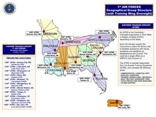 1st AIR FORCES
Geographical Group Structure
(with Training Wing Oversight)
PROJECTED LOCATIONS:
• 339th
ATRG – Kansas City, MO
(Whiteman AFB)
• 370th
ATRG – Little Rock, AR
(Little Rock AFB)
• 353rd
ATRG – Shreveport, LA
(Barksdale AFB)
• 373rd
ATRG – Biloxi, MS
(Keesler AFB)
• 340th
ATRG – Memphis, TN
(Tennessee ANGB)
• 374th
ATRG – Montgomery, AL
(Maxwell AFB)
• 378th
ATRG – Warner Robins, GA
(Warner Robbins AFB)
• 369th
ATRG – Tampa, FL
(McDill AFB)
• 367th
ATRG – Charleston, SC
(Charleston AFB)
• 366th
ATRG – Goldsboro, NC
(Seymour-Johnson AFB)
•356th
ATRG – San Juan, PR
(Luis Munos Marin ANGB)
369th ATRG
Tampa, FL
340th ATRG
Memphis, TN
374th ATRG
Montgomery, AL
378th ATRG
Warner Robins, GA
366th ATRG
Goldsboro, NC
367th ATRG
Charleston, SC370th ATRG
Little Rock, AR
373rd ATRG
Biloxi, MI
339th ATRG
Kansas City, MO
356th ATRG
San Juan, PR
AIRCREW TRAINING GROUPS
1st AIR FORCES
*Southeast USA Region
(Tampa, Florida)
AIRCREW TRAINING GROUPS
(ATRG)
An ATRG is the Controlling /
Oversight organization in each State
or Region (multiple ATRG’s
depending on the State).
Each HQ will also support the
Council as a Liaison for all the units
to facilitate assistance with issues,
guidelines and deadlines as
established by the Council. This
could be a single officer as a
GRP/CC and Council LO.
The ATRG is typically responsible
from 2-5 Aircrew Training Squadrons
(ATRS), and oversees the following
areas:
• ADMINISTRATIVE, LOGISITCAL SPRT
• SUPPLIES / INVENTORY
• TRAINING CURRICULUMS + MATERIALS
• ADULT MILITARY LEADERSHIP TRNG
• YOUTH PROTECTION TRNG DEADLINES
• LFL/BSA SUPPORT
353th ATRG
Shrevport, LA
 