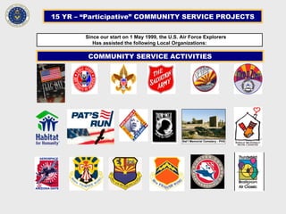 15 YR – “Participative” COMMUNITY SERVICE PROJECTS
Since our start on 1 May 1999, the U.S. Air Force Explorers
Has assisted the following Local Organizations:
COMMUNITY SERVICE ACTIVITIES
Nat’l Memorial Cemetery - PHX
 