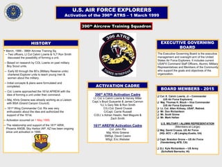 U.S. AIR FORCE EXPLORERS
Activation of the 396th ATRS – 1 March 1999
EXECUTIVE GOVERNING
BOARD
The Executive Governing Board is the executive
management and oversight arm of the United
States Air Force Explorers. It includes current
USAFX Command Staff Officers, Alumni, Military
Representatives and Members of the Community
who support the goals and objectives of the
organization.
396th Aircrew Training Squadron
• March, 1999 - 396th Aircrew Training Sq.
-- Two officers, Lt Col Calvin Lowrie & 1LT Ron Smith
discussed the possibility of forming a unit.
-- Based on research by COL Lowrie on past military
Boy Scout units.
-- Early 60 through the 80’s (Military Reserve units)
chartered Explorer units to teach young men &
women about the military.
-- Initial concepts & plans were formulated and
completed.
-- Col. Lowrie approached the 161st AFREW with the
idea of forming a unit under their command.
-- Maj. Khris Greene was already working as a Liaison
with BSA (Grand Canyon Council).
-- 161st Wing Commander Col. Rix was very
enthusiastic about the idea and authorized the
support of the 161st.
-- Activation occurred on 1 May 1999.
-- The relationship and support of the 161st ARW,
Phoenix ANGB, Sky Harbor IAP, AZ has been ongoing
since unit activation in 1999.
HISTORY
396th
ATRS Activation Cadre
Lt. Col.’s Calvin Lowrie & Harvey Miller
Capt.’s Boyd Guayante & James Cannon
1Lt.’s Gary Niki & Ron Smith
C/Lt.Col. David Crusoe
C/Capt. Carrie Russell
C/2Lt.’s Adrian Hawtin, Neil Maguire &
Zach Smith
161st
AREFW Activation Cadre
Col. John Rix
Maj. Khris Greene
SMSgt. David Castro
MSgt. Eric Webster
ACTIVATION CADRE
 Col. E. Calvin Lowrie, Jr – Commander
(US Air Force Explorers)
 Maj. Thomas H. Block – Vice Commander
(US Air Force Explorers)
 Lt. Col. Allen Kirksey, USAF, Retired.
 Mr. Don Richardson
 Mr. Scott Grone
 Mr. Mark Hellan
U.S. MILITARY / ALUMNI REPRESENTATION
(Members-at-Large)
 Maj. David Crusoe, US Air Force
(HQ- ACC – JB Langley-Eustis, VA)
 Capt. Brandon Grone – US Air Force
(Vandenberg AFB, CA)
 2Lt. Kyle Richardson – US Army
(Schofield Barracks, HI)
BOARD MEMBERS - 2015
 