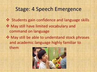 Stage: 4 Speech Emergence
 Students gain confidence and language skills
 May still have limited vocabulary and
command on language
 May still be able to understand stock phrases
and academic language highly familiar to
them
 