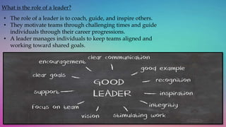 What is the role of a leader?
• The role of a leader is to coach, guide, and inspire others.
• They motivate teams through challenging times and guide
individuals through their career progressions.
• A leader manages individuals to keep teams aligned and
working toward shared goals.
 