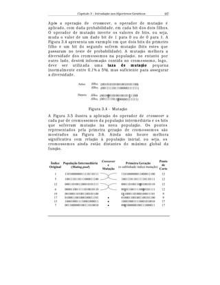 Capítulo 3 – Introduç o aos Algoritmos Gen
  ticos 97
A pós a operaç¢ o de crossover, o operador de m utaç¢ o
¡
aplicado, com dada probabilidade, em cada bit dos dois filhos.
O operador de mutaç¢ o inverte os valores de bits, ou seja,
muda o valor de um dado bit de 1 para 0 ou de 0 para 1. A
Figura 3.4 apresenta um exemplo em que dois bits do primeiro
filho e um bit do segundo sofrem mutaç¢ o (bits estes que
passaram no teste de probabilidade). A mutaç¢ o melhora a
diversidade dos cromossomos na populaç¢ o, no entanto por
outro lado, destrói inform aç¢ o contida no crom ossomo, logo,
deve ser utiliz ada uma taxa de mutaç o pequena
(normalmente entre 0,1% a 5%), mas suficiente para assegurar
a diversidade.
filho1 (0010101010010010101100)
filho2 (0011111011100000111111)
filho1
filho2
(0010001010010010111100)
(0011111011000000111111)
Antes
Depois
Figura 3.4 - Mutaç¢ o
A Figura 3.5 ilustra a aplicaç¢ o do operador de cr ossover a
cada par de cromossom os da populaç¢ o intermedi¤ ria e os bits
que sofreram m utaç¢ o na nova populaç¢ o. Os pontos
representados pela primeira geraç¢ o de cromossomos s¢ o
mostrados na Figura 3.6. A inda n¢ o houve melhora
significativa com relaç¢ o à populaç¢ o inicial, ou seja, os
cromossomos ainda est¢ o distantes do m¤ ximo global da
funç¢ o.
Índice
Original
População Intermediária
(Mating pool)
Crossover
e
Mutação
Primeira Geração
(o sublinhado indica mutação)
Ponto
de
Corte
1 1101000000011110110111 1101000000011000011100 12
5 1001110110111000011100 1001110110111110110111 12
12 0001101001100010101111 0001101001100010010110 12
6 0000110011111010010110 0010110011110000101111 12
19 0010001101001100101100 0110001101000100011101 9
17 0100011001000100011101 • 0100011001001100101100 9
15 1000100011110001000011 • 1000100011110001010010 17
7 0011000000100111010010 • 0001000000100111000011 17
 
