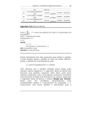 Capítulo 3 – Introduç o aos Algoritmos Gen
  ticos 95
001 0,95144
28
1110100001000000010
001
1,72169
-
0,08458
0,13793 29,93103
29
1110101000111100000
000
1,74494
-
0,72289
0,06897 30,00000
30
1111101100000001010
111
1,94147
-
0,87216
0,00000 30,00000
A lgoritmo 3.2: Roda da Roleta
total ← ∑
=
N
i
if
1
/* a som a das aptid es de todos os cromossom os da
populaç¦ o */
rand ← randômico(0, total)
total parcial ← 0
i ← 0
repetir
i ← i+ 1
total parcial ← total parcial + fi
até total parcial ≥ rand
retornar o cromossomo si
V¤ rias alternativas t© m sido propostas para definir a aptid¢ o.
A mais simples iguala a aptid¢ o ao valor da funç¢ o objetivo.
A ssim, a aptid¢ o do cromossomo s1
seria:
586345,11)637197,010sen(637197,01 =+= πf
Vale observar que a aptid¢ o definida desta forma pode
assumir valores negativos e o algoritmo Roda da Roleta n¢ o
funciona com aptid£ es negativas. A l
¡
m disso, pode gerar
tamb
¡
m problemas como converg© ncia prematura (conforme
ser¤ mostrado na Seç¢ o 3.3). É possível, no entanto, dispensar
o A lgoritmo Roda da Roleta e utiliz ar Seleç o por Torneio .
Neste caso, s¢ o escolhidos, aleatoriamente, (com
probabilidades iguais) n cromossomos da populaç¢ o, e o
cromossomo com maior aptid¢ o
¡
selecionado para a
 