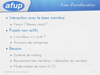 Axes d'amélioration
■

Interaction avec la base membre
■

■

Forum ? Réseau social ?

Projets non actifs
■
■

■

Livre blanc => arrêt ?
Annuaire des entreprises

Besoins
■

Système de mailing

■

Recrutement des membres / valorisation du membre

■

Modernisation de notre SI (?)

AG 2014 – Bilan moral et financier

13

 