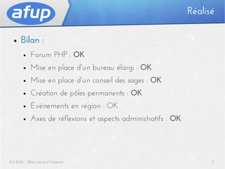 Réalisé
■

Bilan :
■

Forum PHP : OK

■

Mise en place d'un bureau élargi : OK

■

Mise en place d'un conseil des sages : OK

■

Création de pôles permanents : OK

■

Événements en région : OK

■

Axes de réflexions et aspects administratifs : OK

AG 2014 – Bilan moral et financier

3

 